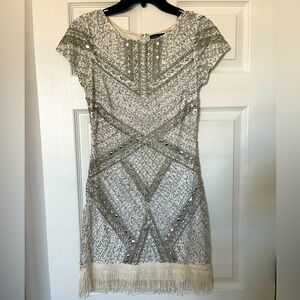 Aidan Mattox Silver Platinum Beaded Dress with Fringe